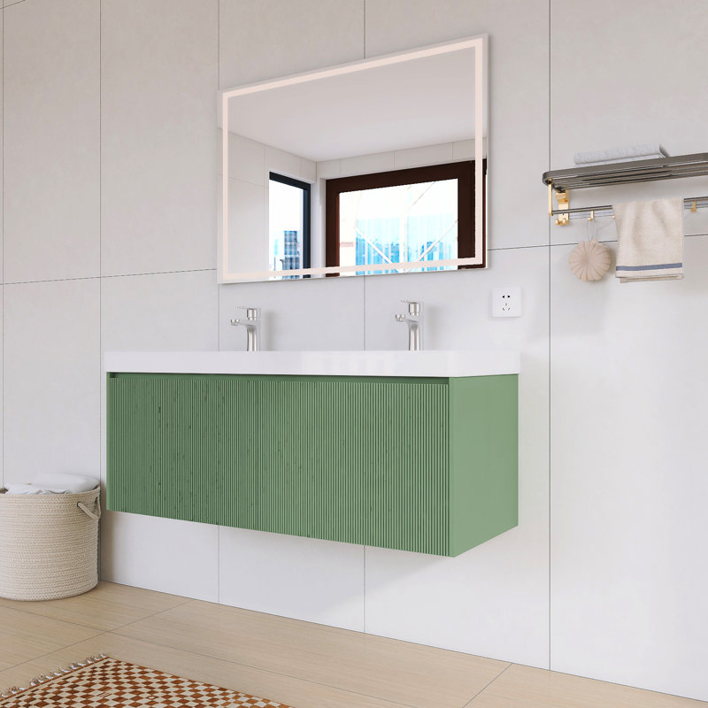 Meuble-lavabo flottant 48 po avec comptoir en acrylique 48 po | Armoire en bois cannelée, Vert, 48"