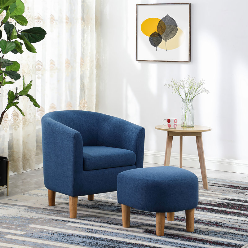 Upholstered 27" Wide Barrel Chair with Ottoman, Blue Linen Blend