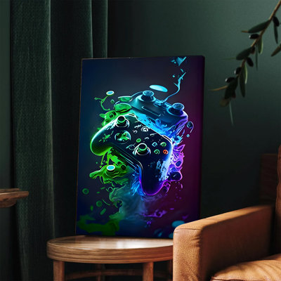 1 PC Wall Art affiches encadrées, contrôleur de jeu vibrant, art mural moderne abstrait, impression sur toile pour décor de salle de jeux, affiche de jeu vidéo néon coloré, cadeau de joueur unique, décorations pour la maison, œuvre d'art numérique pour les garçons, salon