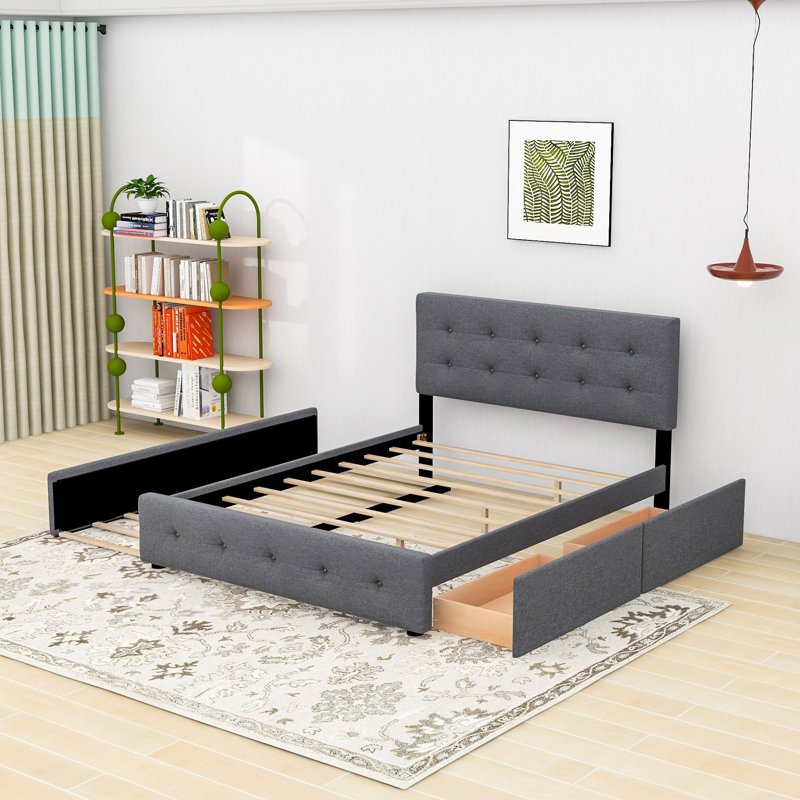 Grand lit plateforme tapissier avec tête de lit capitonnée, lit simple TG et tiroirs, Gris foncé