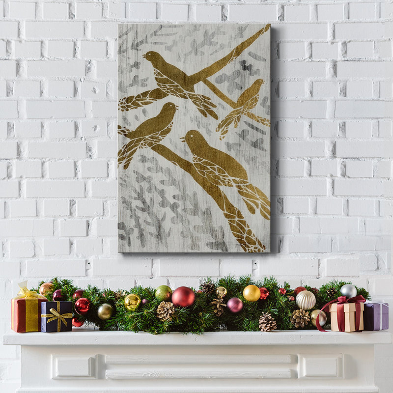 Quatre oiseaux chanteurs - feuille d'or - toile tendue avec châssis, H 18 po x l 12 po x P 1,5 po