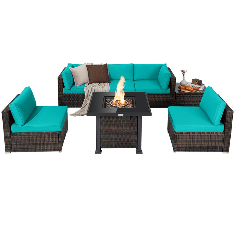 5 - Person Patio Conversation Set with Cushions, Turquoise