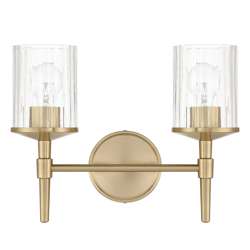 Éclairage pour salle de bain à 2 lumières de 15 po avec abat-jour en verre côtelé Krugerville, Doré, 11.75" H x 15" W x 6" D