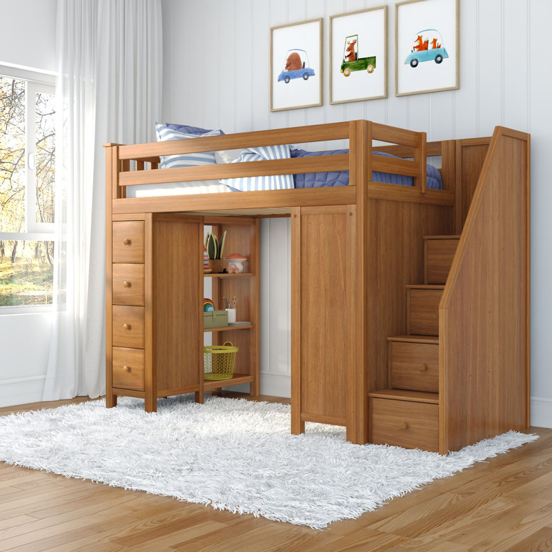 Identas Twin 8 Drawer Solid Wood Loft Bed With Bookcase, Pecan