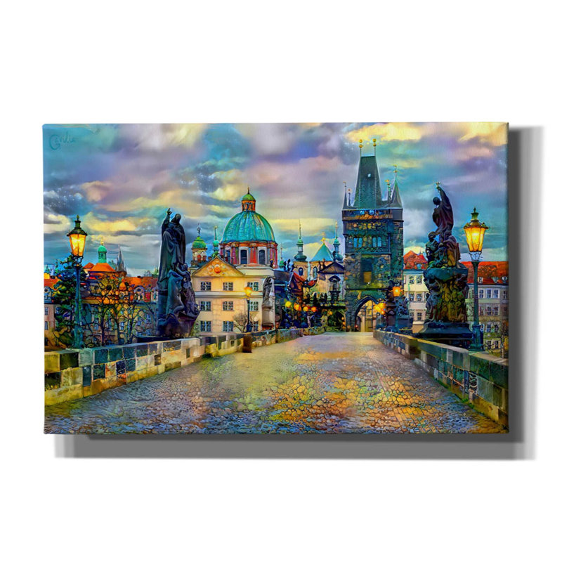 «Prague République Tchéque, pont Charles» par Pedro Gavidia, art mural sur toile, H 12 po x l 18 po x P 0,75 po