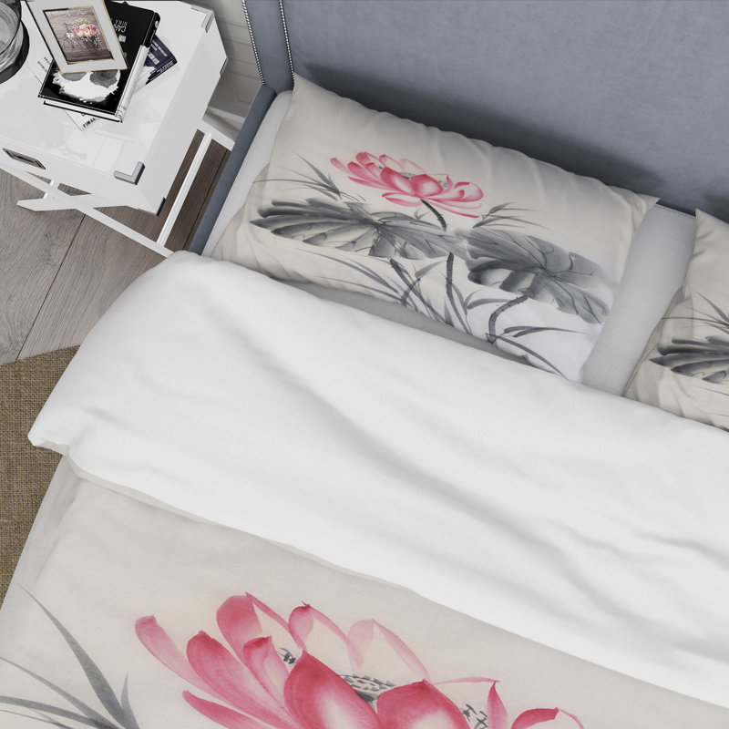 Fleur de lotus avec deux feuilles monochromes - ensemble de housse de couette traditionnel - microfibre de polyester