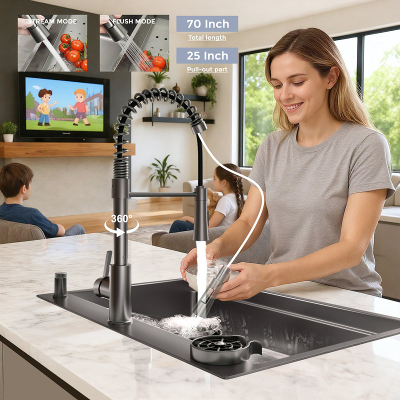 Évier de cuisine en cascade noir 33 po, robinet multifonctionnel, conception de poste de travail, bac de rangement profond 33 po avec surface nano coulissante, drainage rapide, fonctionnement silencieux