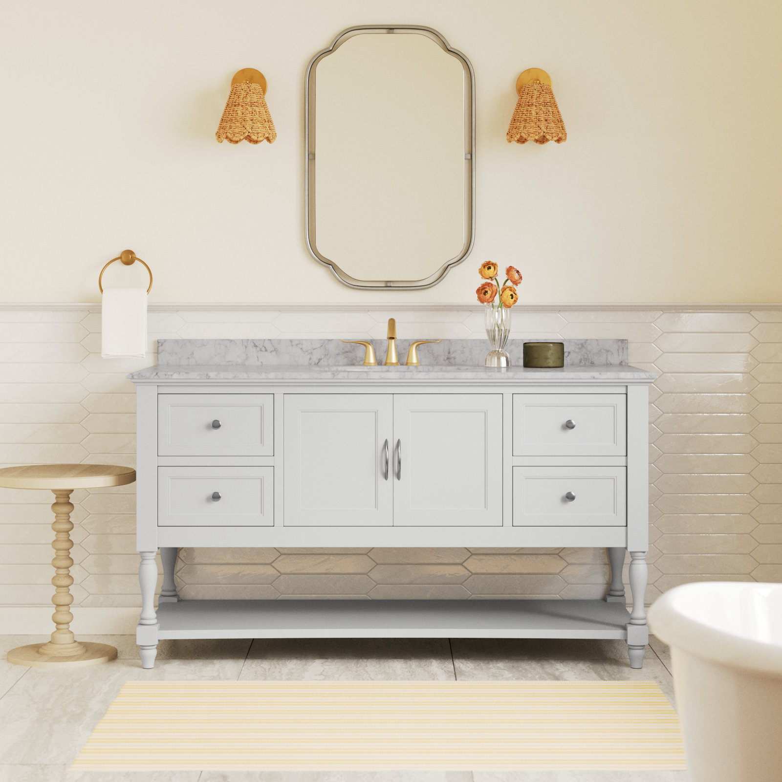 Hampton 60'' Single Bathroom Vanity, White, Carrara Marble