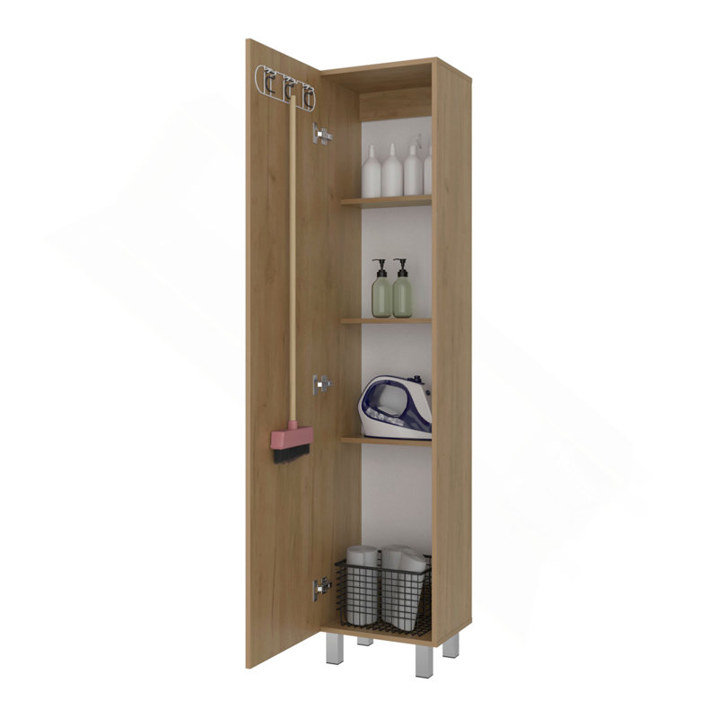 Vernon Slim Storage Cabinet with 4-Tier Shelf and Broom Hangers, Natural