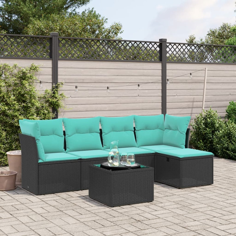  Ensemble de canapé de patio 6 pièces avec coussins en rotin de polyester brun, Bleu clair, Noir