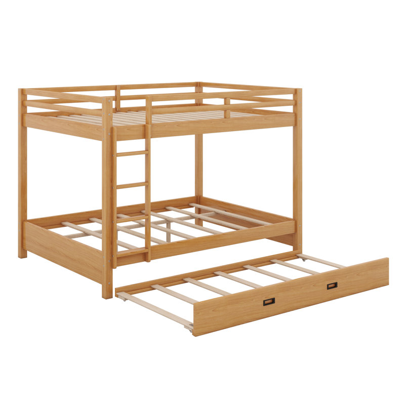 Queen Bunk Bed With Trundle, Heavy Duty Bunk Beds Frame With Ladder And Full Length Guardrail, Natural