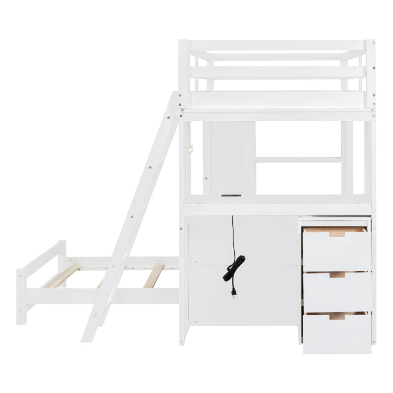 Aveline Convertible Bunk Bed with Storage Stair and Drawers, White, Twin  Over Twin