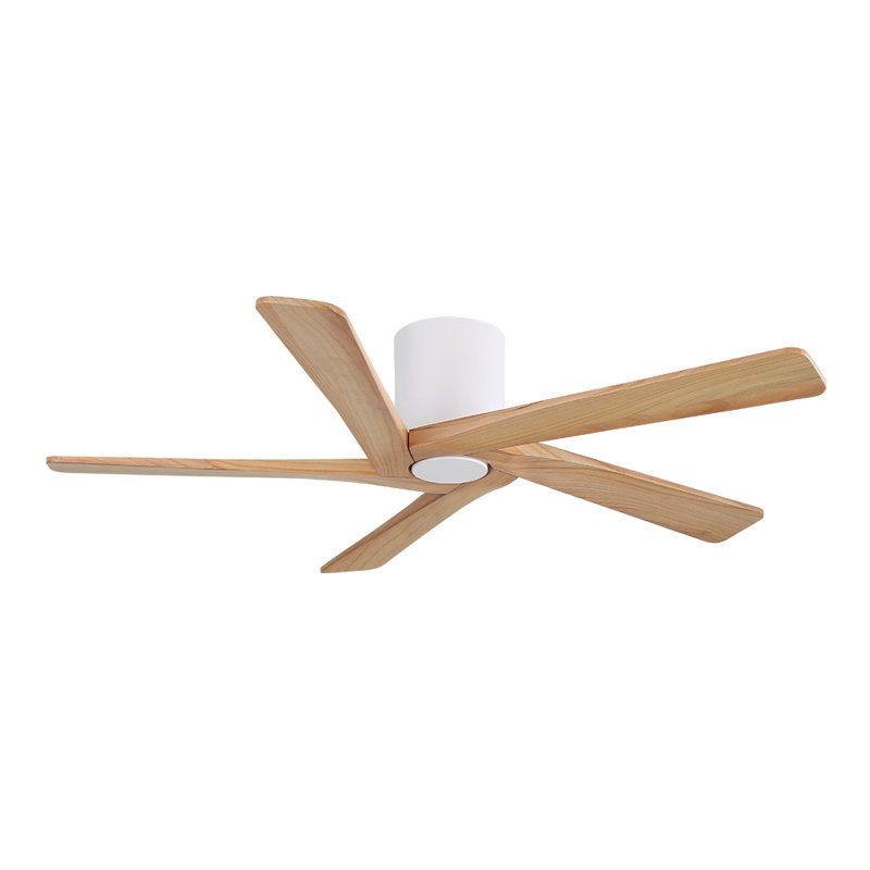 5 Solid Wood Blades Indoor Flush Mount Ceiling Fan With Remote, White, Wood Grain, 54'' Wide