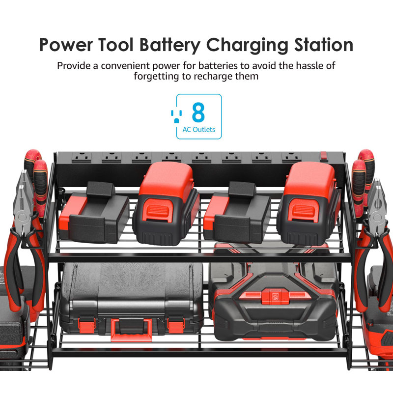 Garage Outils de rangement avec station de charge. Tablette utilitaire pour outils électriques avec multiprise. Support mural pour 4 perceuses, noir.