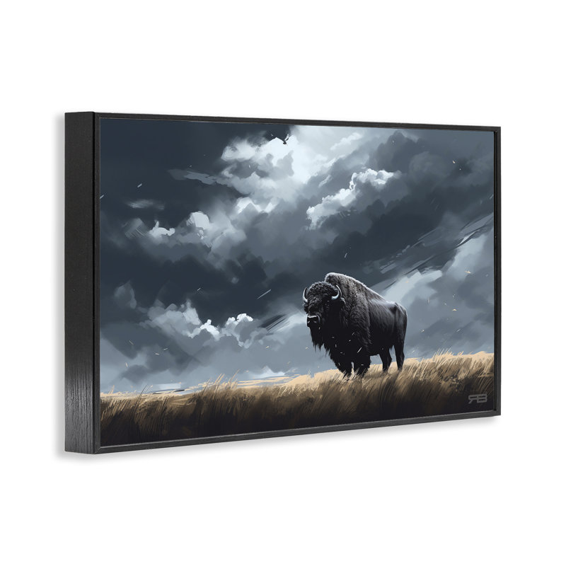 Silhouette de bison avec nuages, estampe numérique par Roozbeh Bahramali, H 12 po x l 18 po, Giclée encadrée noir minuit