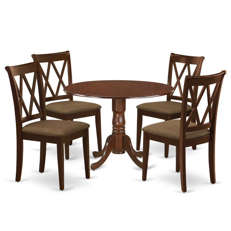 5 Piece Modern Dining Table Set Includes a Round Wooden Table with Dropleaf and 4 Linen Fabric Dining Room Chairs, Mahogany