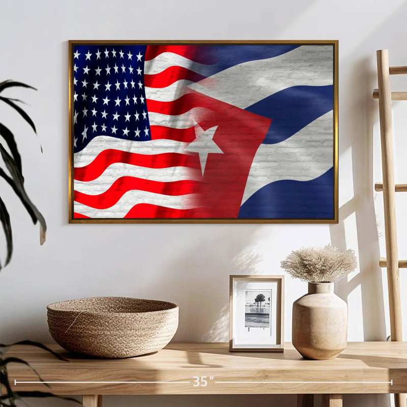 Drapeau américain et cubain, Cadre flottant doré, 25 po x 17 po
