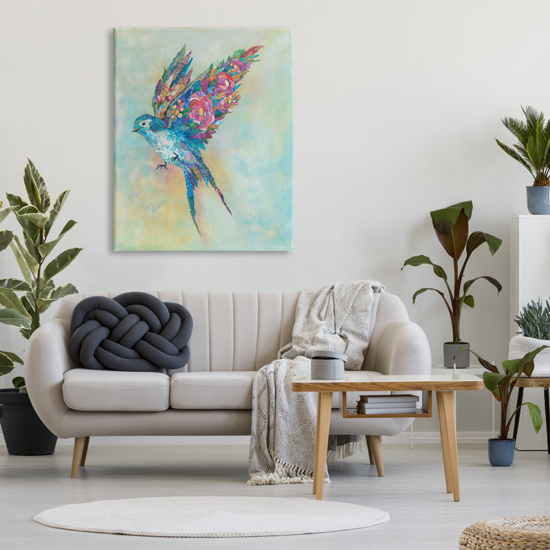 «Botanical Swallow Floral Blossom Wings Bird» par Lisa Morales, peinture sur toile tendue, H 48 po x l 36 po x P 1,5 po