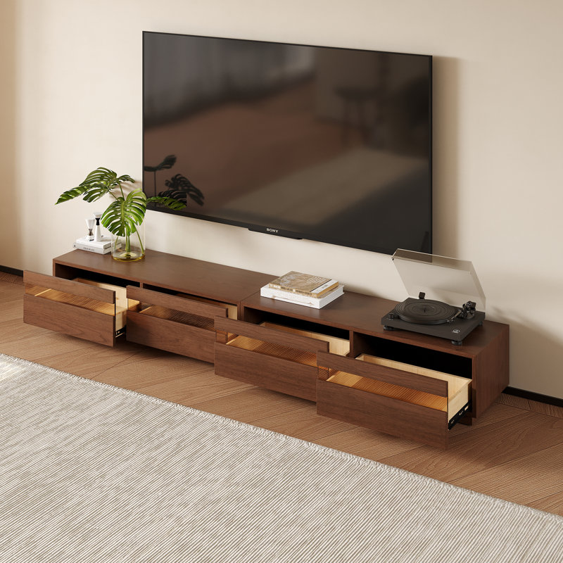 Meuble télé 95 po pour téléviseur de 100 po avec quatre tiroirs, meuble télé en bois pour le salon et la chambre à coucher, console multimédia avec base en bois