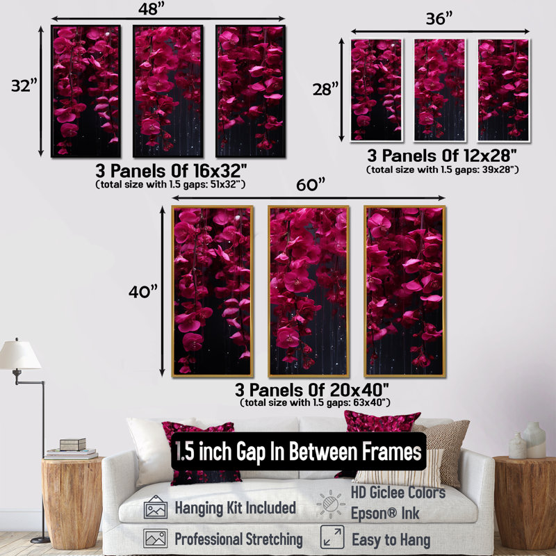 Cascade de fleurs roses et noires fuchsia - art mural fuchsia, H 40 po x l 60 po x P 1 po, Cadre flottant érable