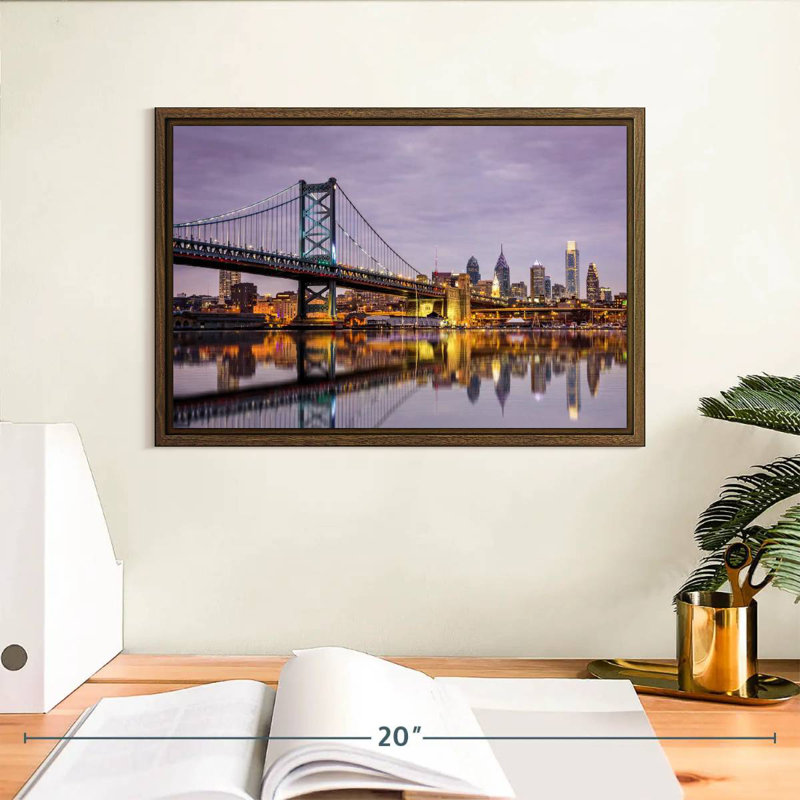 Horizon du pont Ben Franklin, 13 po x 9 po, Cadre flottant noyer
