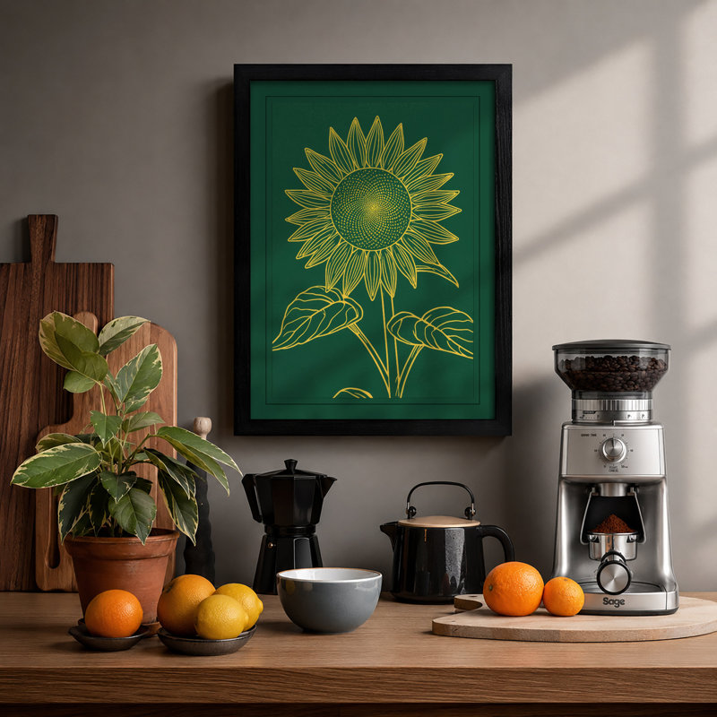 Golden Sunflower Study Botanical - Print, Black, A3 - 42.0 x 29.7 cm
