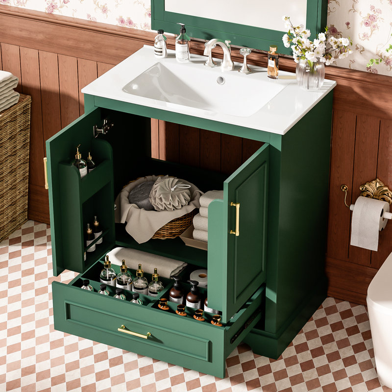 Meuble-lavabo de 30 po avec lavabo en céramique, 1 tiroir séparateur, 2 portes à fermeture en douceur, 2 tablettes sur porte, 1 porte autoportante, 1 cuve, finition, efficace