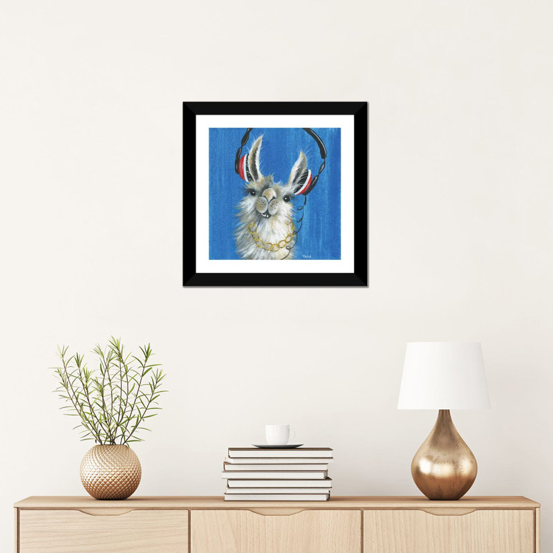 Llama Jammin '- reproduction d'art, H 16 po x l 16 po x P 1 po, Papier encadré noir, Blanc