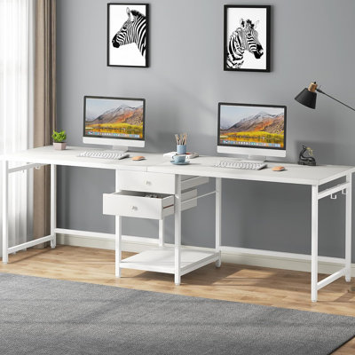 Bureau d'ordinateur 79 pouces pour deux personnes avec tiroirs et tablettes de rangement, table de travail double extra longue avec crochets, bureau d'écriture industriel pour bureau personnel, blanc