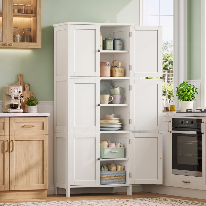 Armoire de rangement haute pour salle de bain avec 6 portes, armoire de rangement autoportante avec tablettes réglables, armoire de rangement pour cuisine, salon, blanc