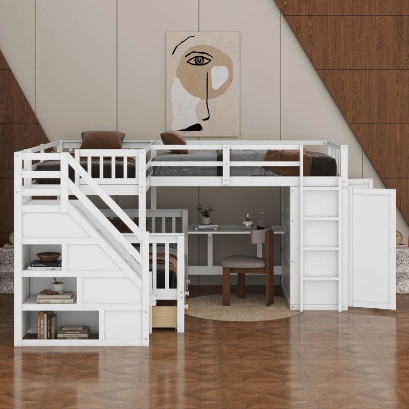 Lit superposé simple au-dessus d'un lit double en L avec bureau, tiroirs et garde-robe, Blanc