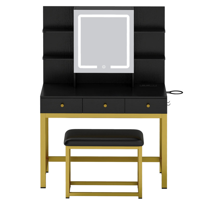Makeup Vanity Table With LED Lighted Mirror, Black