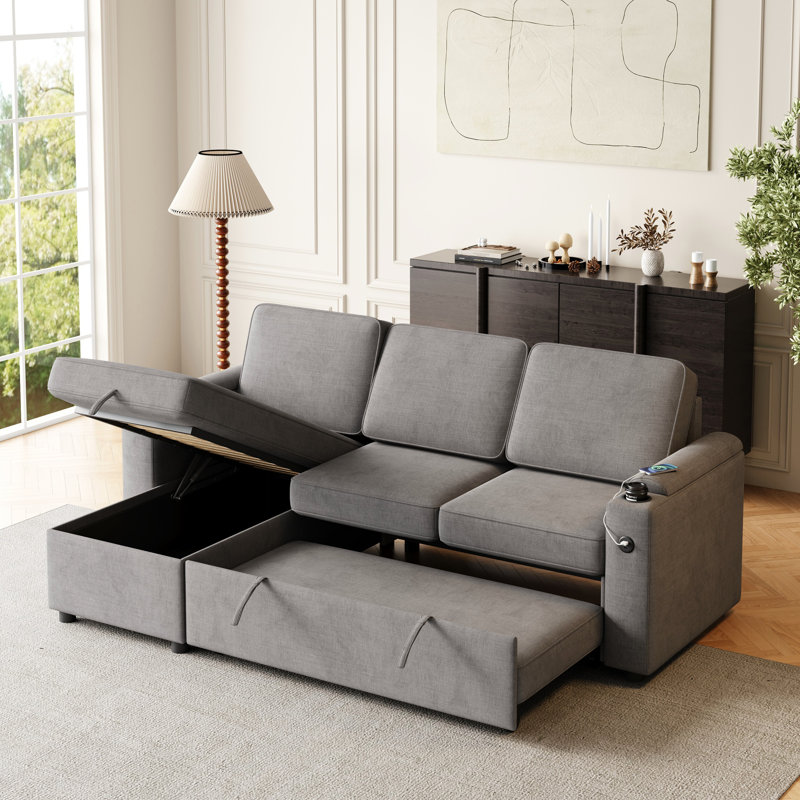 Canapé-lit convertible avec méridienne réversible Sylvanis, Mélange de polyester gris foncé