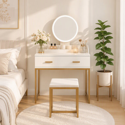 Ensemble de coiffeuse avec miroir et tabouret, table de maquillage avec tiroirs de rangement et organisateur, blanc et or, design gain de place pour les petites chambres