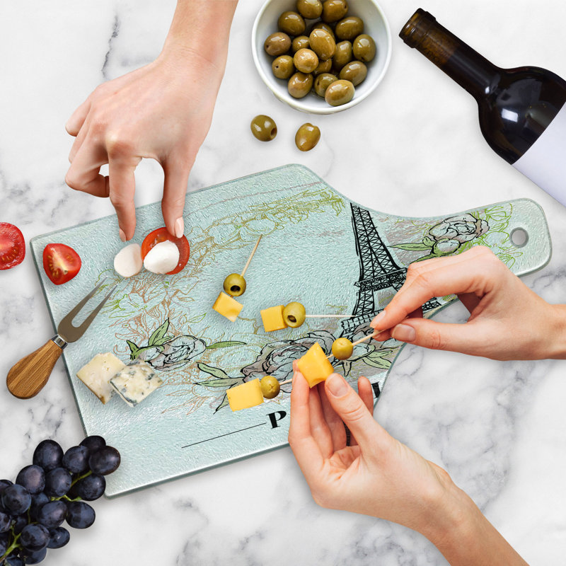 Ambesonne Paris Tempered Glass Cutting Board Floral Eiffel Tower Layout White Multicolor
