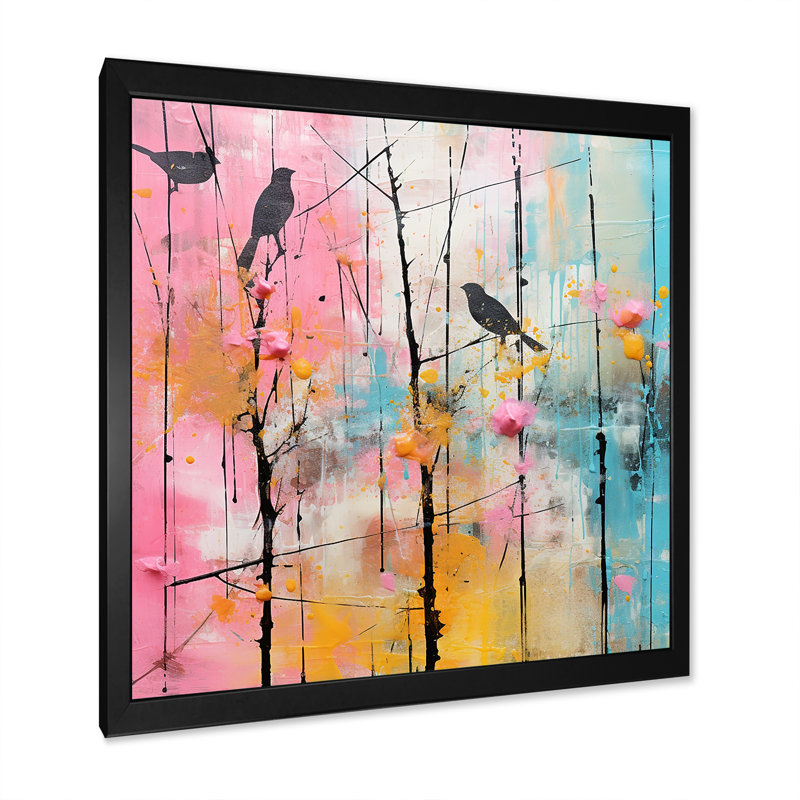 Oiseau sur palette rose printanière - Art mural oiseau, Noir, H 36 po x l 36 po