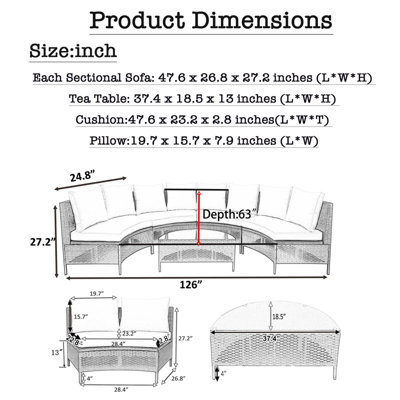Ensemble de conversation pour patio 5 pièces en rotin et osier avec canapé en demi-lune, table en verre trempé et coussins beiges