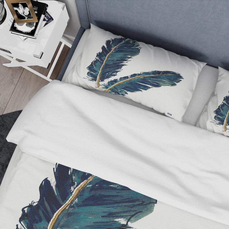 Plumes dorées indigo IV - ensemble de housse de couette bohémien moderne - microfibre de polyester