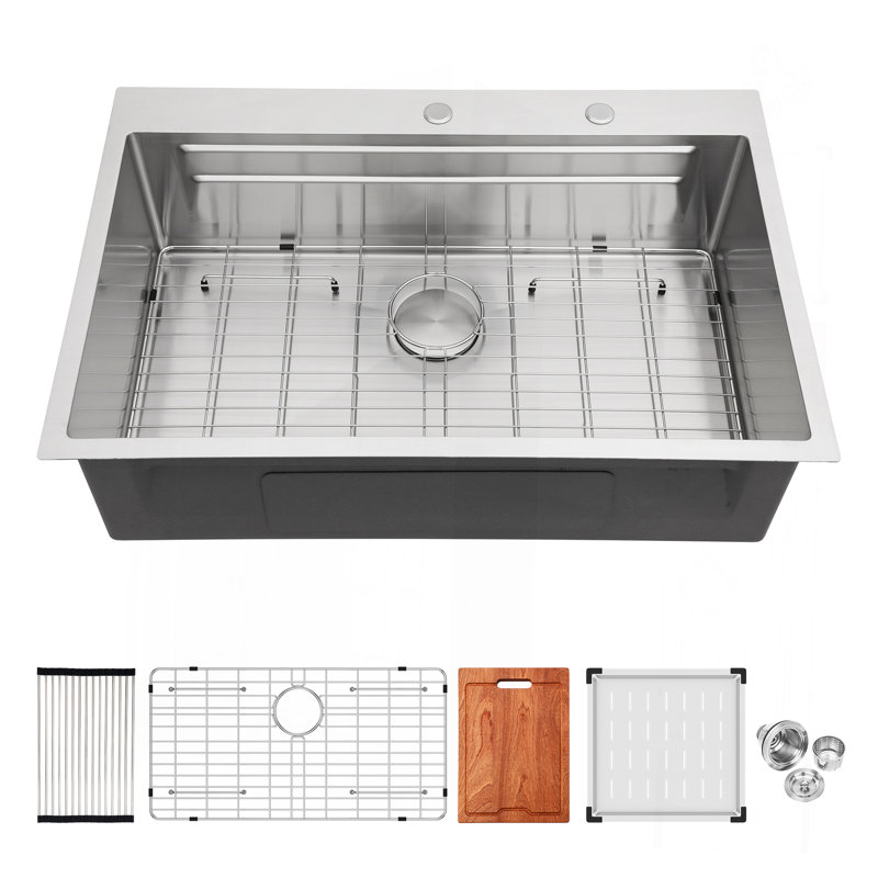 33" Drop In Kitchen Sink - 33*22 Inch Kitchen Sink Drop-In Topmount Single Bowl 16 Gauge Stainless Steel Ledge Workstation Kitchen Sinks