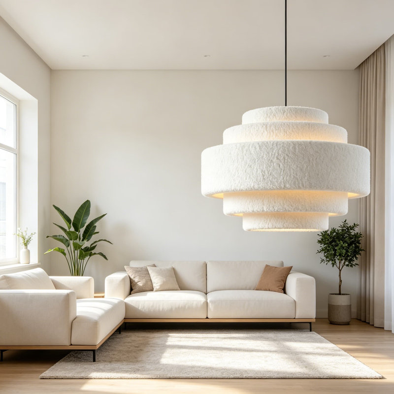 Lustre côtier à 5 niveaux, luminaire suspendu bohème moderne de 13 pouces avec abat-jour en peluche, lampe suspendue tambour réglable pour la chambre à coucher, la salle à manger, l'entrée de l'îlot de cuisine, blanc