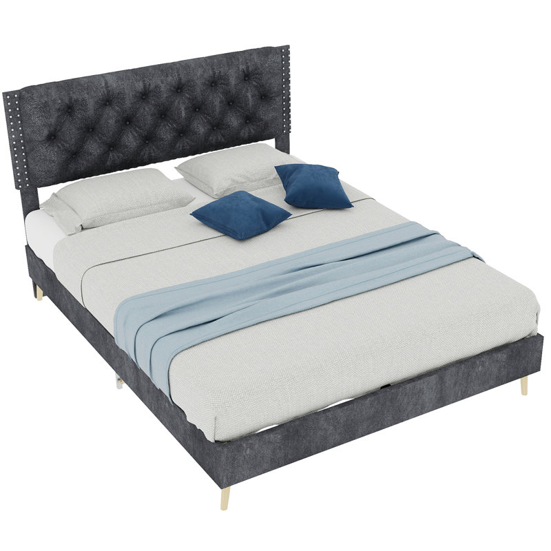 La base de lit double revêtue de gris, la tête de lit ajoute un élément décoratif, la plateforme stable pour un sommeil paisible, la structure en velours gris, avec la tête de lit et la chambre à coucher idéale
