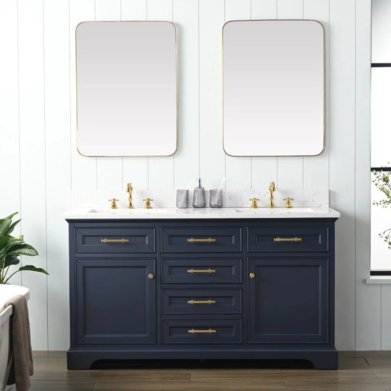 Ensemble de meuble-lavabo double 60 po Currahee, Bleu indigo / or brossé