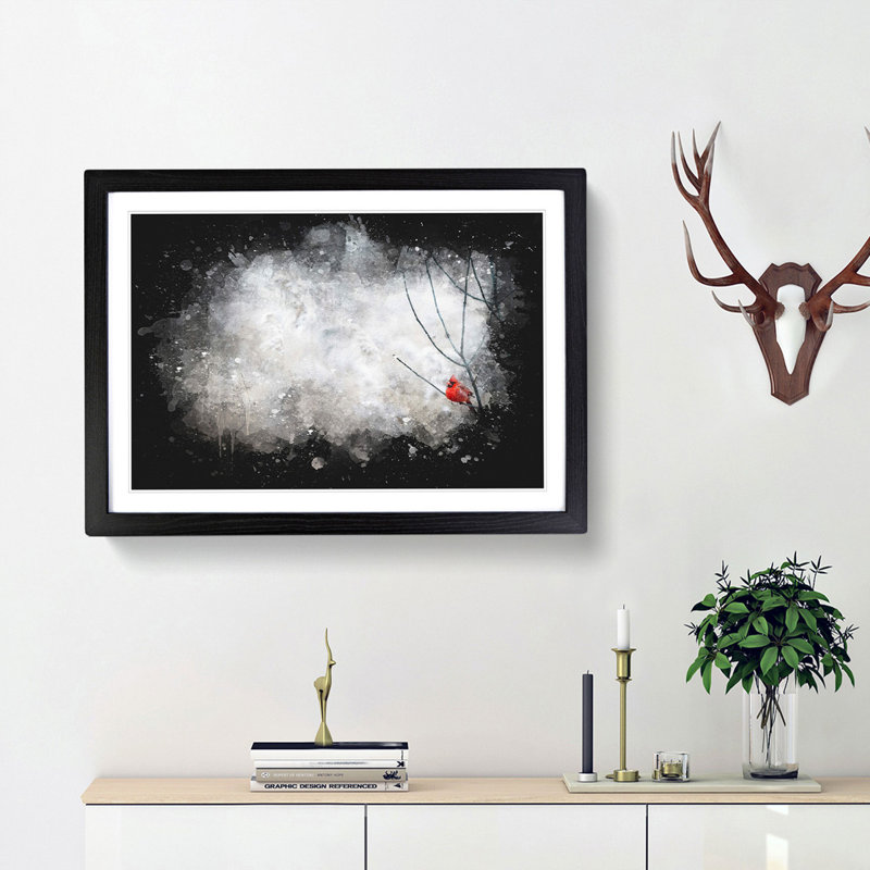 Red Cardinal Bird Paint Splash - Picture Frame Graphic Art, 62cm H x 87cm W x 2cm D, Black Framed