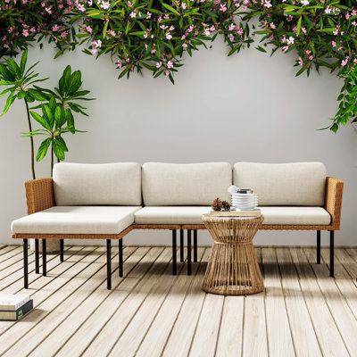 Outdoor Denya Set, L-Shaped Outdoor Sectional Sofa With Thick Cushions, All-Weather Rattan Conversation Set, Boho Style Detachable 3-Seater Lounger,3-Piece,Beige