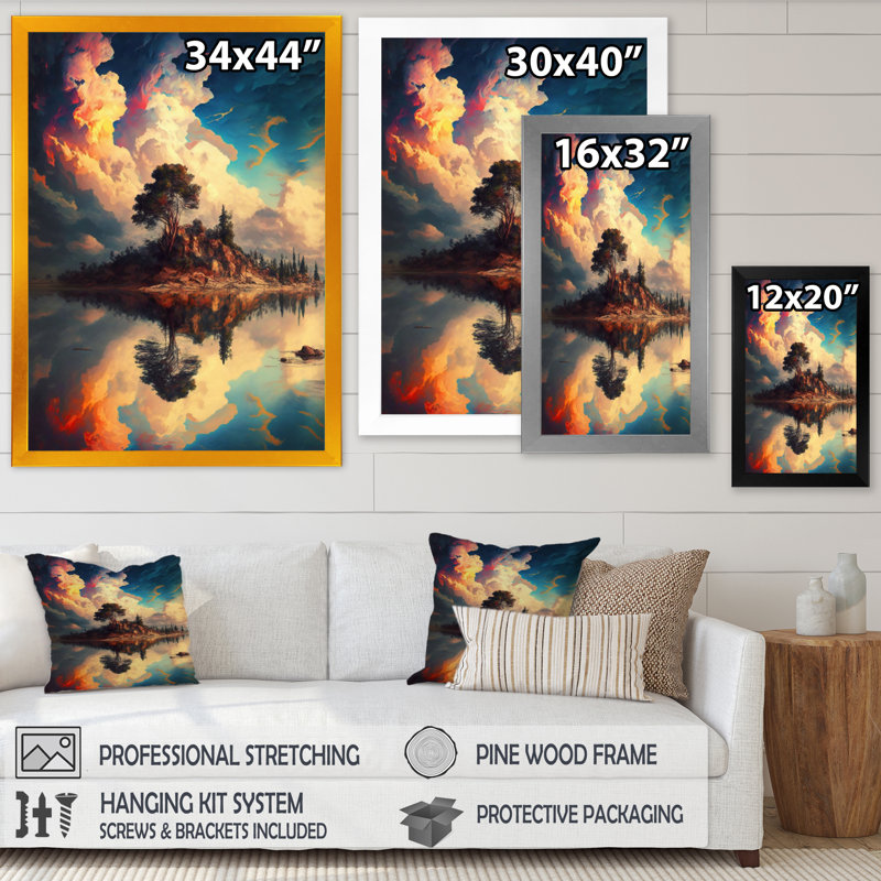 «Single Tree on a Little Island Under a Vibrant Sky», reproduction sur toile, H 20 po x l 12 po x P 1 po, Cadre photo noir