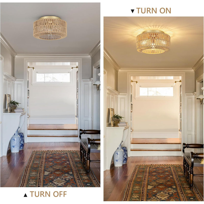 Boho Light Fixtures 3-Light Farmhouse Rattan Ceiling Light Flush Mount With Hand-Woven Shade