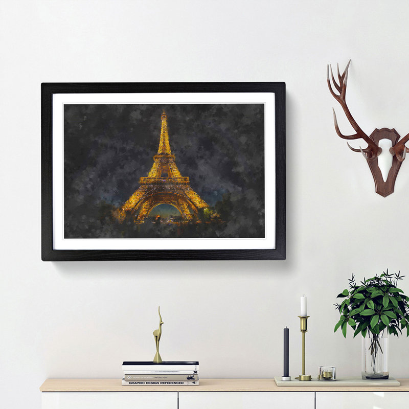 The Eiffel Tower in France at Night - Picture Frame Painting Print, Black Framed, 45cm H x 63cm W x 2cm D