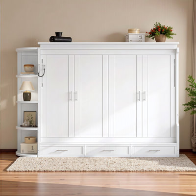 Space-Saving Murphy Wall Bed with Storage Shelves, Side Cabinets & 3 Drawers - Fold-Up Design for Multipurpose Rooms