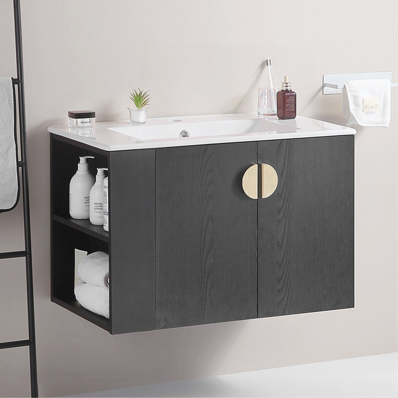 Ensemble de meuble-lavabo sophistiqué avec tablette latérale ouverte et armoire à deux portes