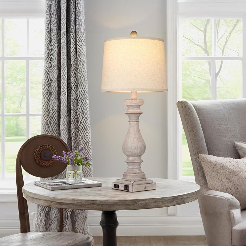Lampe de table Farmhouse avec ports USB + C + A et prise de courant, lampe de table de chevet à contrôle tactile à 3 voies pour le salon et la chambre à coucher, finition gris délavé